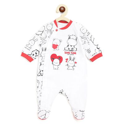 Infant White Printed Front Opening Babysuit